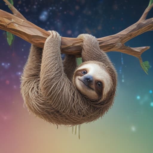 A sleepy sloth hanging from a fantastical, abstract tree branch. with Binary background