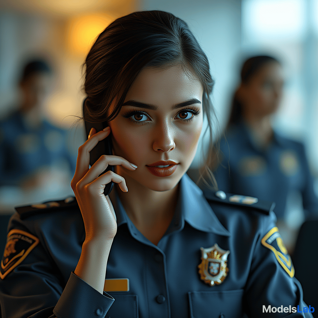  portrait of female pilice officers, calling phone realistic, stock photo, looking to camera, bright office,  hyperrealistic, full body, detailed clothing, highly detailed, cinematic lighting, stunningly beautiful, intricate, sharp focus, f/1. 8, 85mm, (centered image composition), (professionally color graded), ((bright soft diffused light)), volumetric fog, trending on instagram, trending on tumblr, HDR 4K, 8K