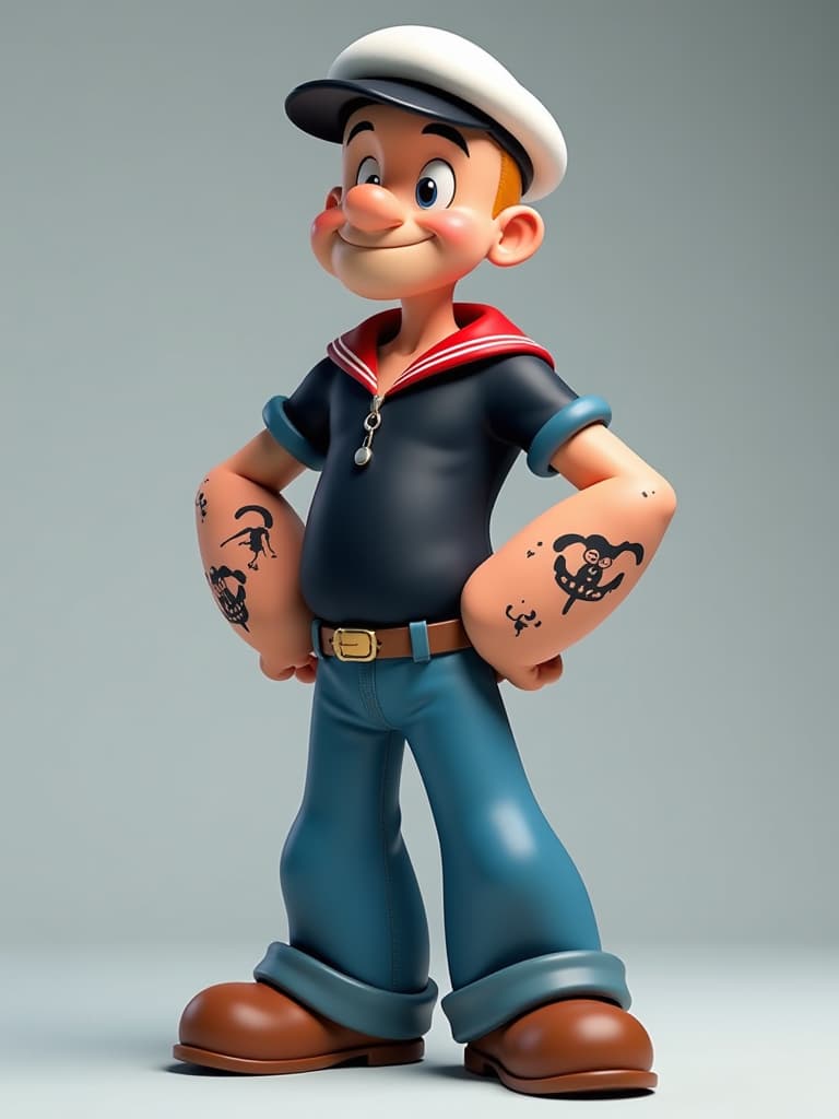  full body photorealistic shots of popeye the sailor man. in 3d, disney cartoon style