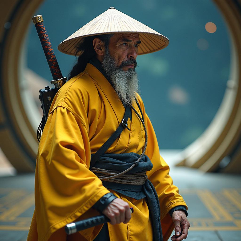  sci fi style old skinny asian with a beard, yellow kimono with a samurai sword, asian conical hat, space station, robotics, futurism. . futuristic, technological, alien worlds, space themes, advanced civilizations