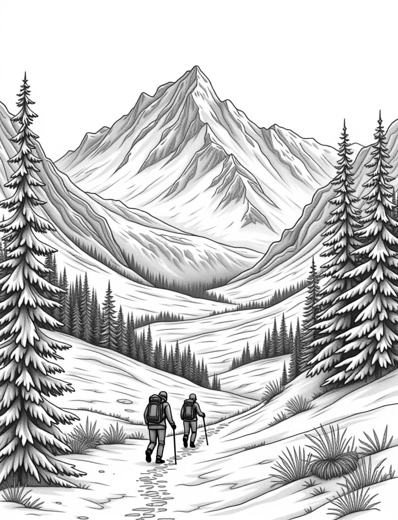  this is for an adult coloring page. a detailed black and white line art of a snowy snow covered valley with a group of hikers walking on a solid white background.