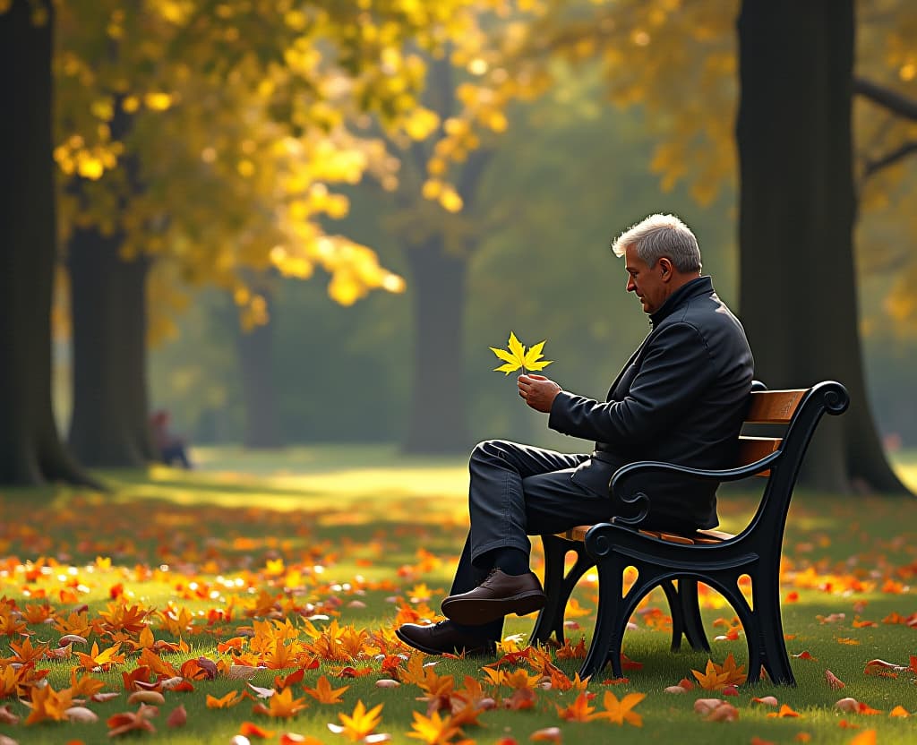  hyperrealistic art in the park, still in summer, but already on the ground there are some yellow leaves, a man is sitting on a bench and examining a yellow maple leaf. photorealism, painting, acrylic. . extremely high resolution details, photographic, realism pushed to extreme, fine texture, incredibly lifelike hyperrealistic, full body, detailed clothing, highly detailed, cinematic lighting, stunningly beautiful, intricate, sharp focus, f/1. 8, 85mm, (centered image composition), (professionally color graded), ((bright soft diffused light)), volumetric fog, trending on instagram, trending on tumblr, HDR 4K, 8K