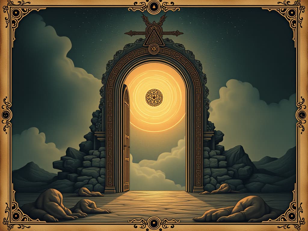  pineal gland as a radiant doorway or gateway, glowing softly, intricate patterns on the gateway, cosmic landscape behind it, soft light emanating, sense of connection, mystical aura. an illustration in the style of a worn, mystical old tarot trump card, mysterious and elements of surrealism. the colors are muted, somber and eerie, but with contrast bring out an occult and esoteric vibe.