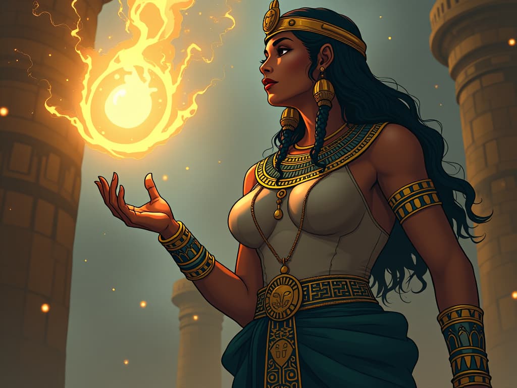  large busted woman, intently listening, offering guidance, the air around them shimmering with transformative energy. the style is digital art illustration / modern comic book / mysterious occult, symbolic, esoteric vibe,high detail on character design, incorporating ancient egyptian symbology and attire.