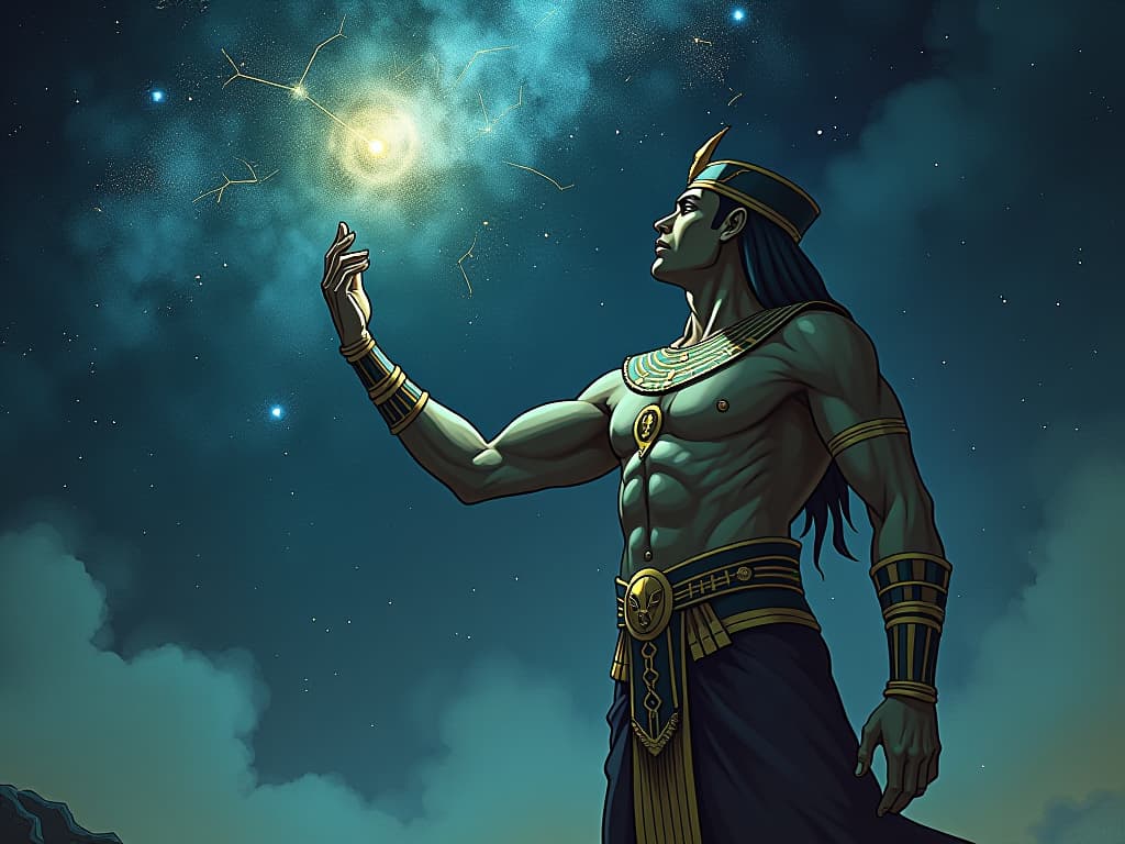  depiction of a starry night sky, a large busted figure in form fitting attire reaching out to a constellation, mystical aura, sense of divine wisdom entering the vessel. the style is digital art illustration / modern comic book / mysterious occult, symbolic, esoteric vibe,high detail on character design, incorporating ancient egyptian symbology and attire.