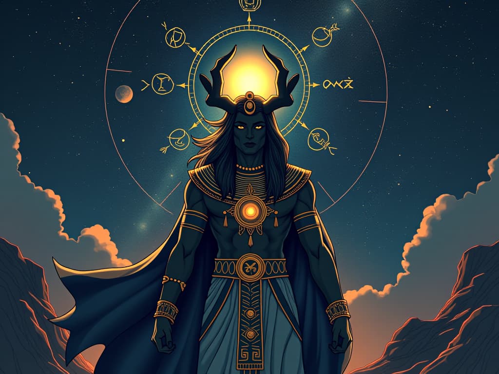  sirius constellation in a radiant night sky, highlighted with detailed depictions of sirius b, ancient dogon symbols, symbolizing hidden celestial knowledge. the style is digital art illustration / modern comic book / mysterious occult, symbolic, esoteric vibe,high detail on character design, incorporating ancient egyptian symbology and attire.