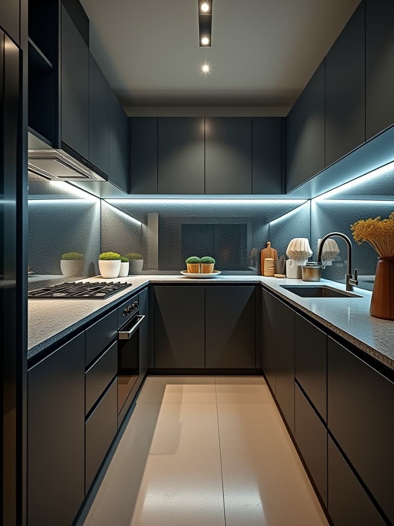  high quality portrait photo of a galley style small kitchen with a mirrored backsplash, floating shelves, and under cabinet lighting, creating an illusion of more space, shot from one end of the kitchen hyperrealistic, full body, detailed clothing, highly detailed, cinematic lighting, stunningly beautiful, intricate, sharp focus, f/1. 8, 85mm, (centered image composition), (professionally color graded), ((bright soft diffused light)), volumetric fog, trending on instagram, trending on tumblr, HDR 4K, 8K