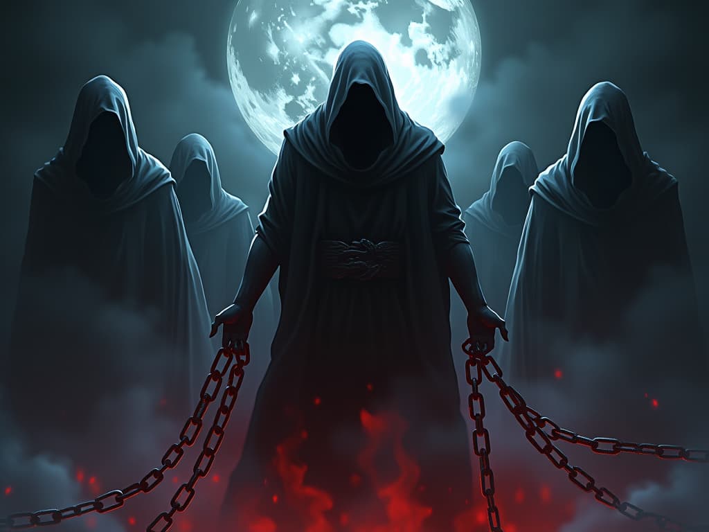  a shadowy figure engulfed in chains of guilt, moonlit night, surrounded by ghostly apparitions of their past actions. the style is dark fantasy and mysterious occult, symbolic, moody lighting, esoteric vibe,high detail on character design. for the color scheme emphasize blacks and reds.