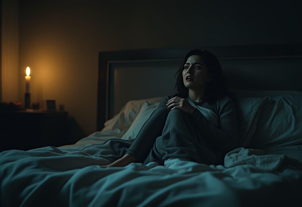  hyperrealistic art night, a gloomy room, a candle burns on the bedside table, a woman sits on the bed under a blanket and cries with fear, clasped, something in the form of a shadow devours her . extremely high resolution details, photographic, realism pushed to extreme, fine texture, incredibly lifelike