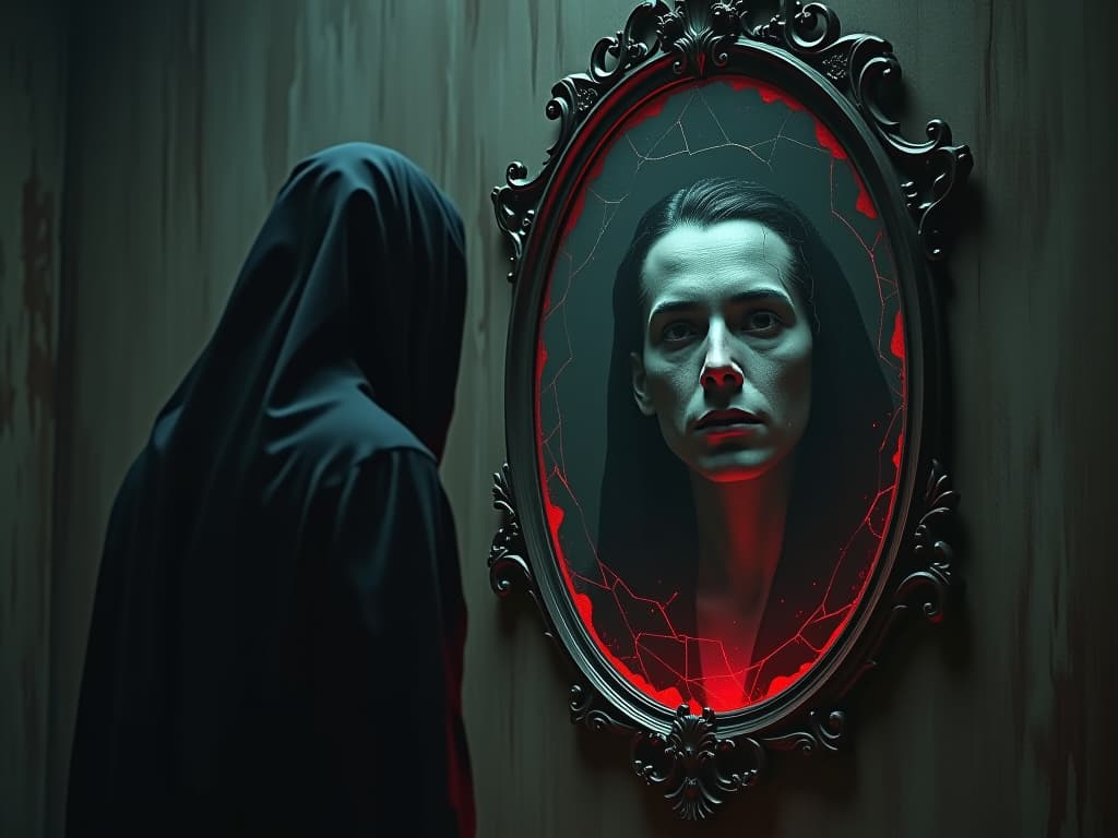  desolate figure gazing into an enchanted, cracked mirror, reflection showing conflicting images of past and present, gloomy gothic setting, decayed grandeur. the style is dark fantasy and mysterious occult, symbolic, moody lighting, esoteric vibe,high detail on character design. for the color scheme emphasize blacks and reds.