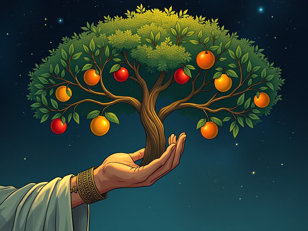  a celestial hand, gently pruning a lush, cosmic tree with fruits of various sizes, each representing different relationships, against a starlit sky backdrop.. the style is digital art illustration / modern comic book / mysterious occult, symbolic, esoteric vibe,high detail on character design, incorporating ancient egyptian symbology and attire.