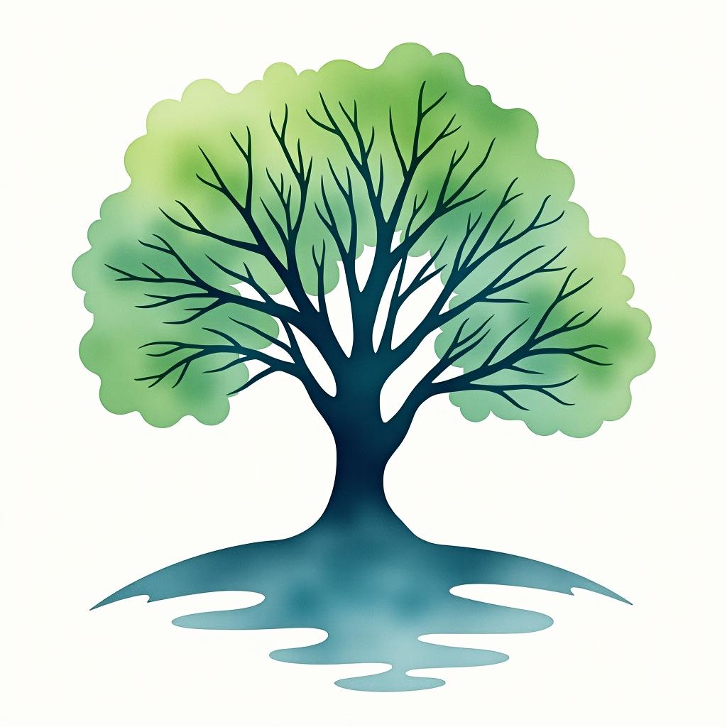  design a logo, style aquarelle, logo d'un arbre, vert et bleu