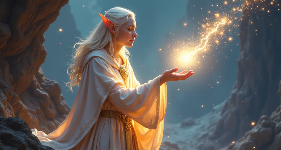  an ancient, wise elf in glowing, translucent robes, interacting with ethereal spirits. the environment is opulent and filled with shimmering symbols of direct conscious interactions.. the style is digital art illustration,highly detailed, whimsical,magical, dreamlike atmosphere, realism and fantasy blend, smooth, glossy textures,luminous quality, wonder and enchantment.