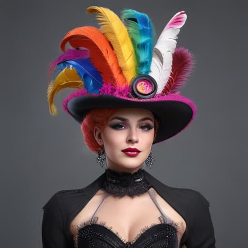 Rainbow drag queen cowboy top hat and headdress tuxedo with doves high Elizabethan collar wand paraso, ultra realistic, 3d, digital art, artstation, octane render, dynamic, high qualitydetailed, intricate, full of colour