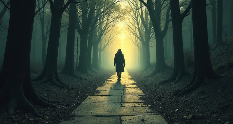  a solitary figure walking down an illuminated path, surrounding darkness, trail of light, sense of purpose, forward motion. an illustration in the style of a worn, mystical old tarot trump card, mysterious and elements of surrealism. the colors are muted, somber and eerie, but with contrast bring out an occult and esoteric vibe.