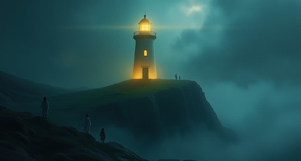  a luminescent lighthouse on a mystical cliff, its light piercing through a dense, dark fog. ethereal beings gather around its base, drawn to its unwavering beacon in a dim world.. the style is digital art illustration,highly detailed, whimsical,magical, dreamlike atmosphere, realism and fantasy blend, smooth, glossy textures,luminous quality, wonder and enchantment.