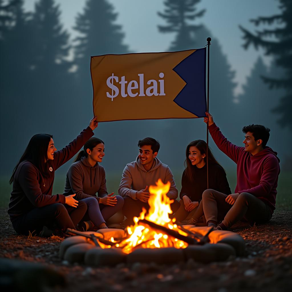  friends around a fire with trees in the background. cheers, a flag with $stelai written on it hyperrealistic, full body, detailed clothing, highly detailed, cinematic lighting, stunningly beautiful, intricate, sharp focus, f/1. 8, 85mm, (centered image composition), (professionally color graded), ((bright soft diffused light)), volumetric fog, trending on instagram, trending on tumblr, HDR 4K, 8K