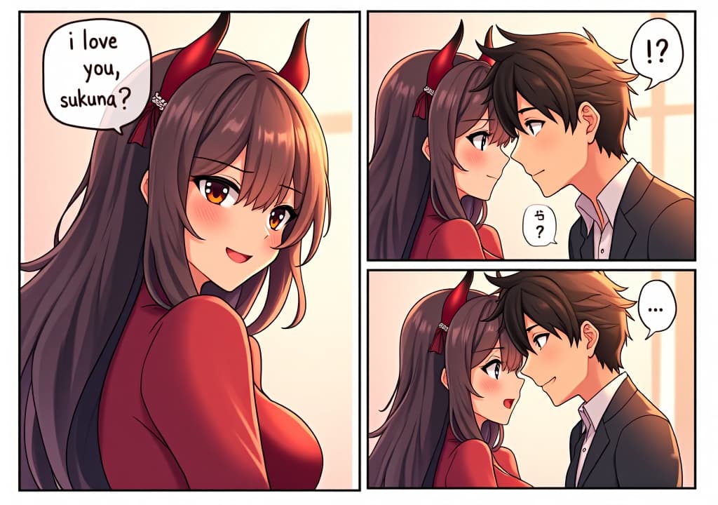  good quality, high quality, create a manga style image with three panels: panel 1: a devilish, attractive with a smile, saying, 'i love you, sukuna?' she has a confident and alluring demeanor. panel 2: a handsome , looking charming and slightly shy, responds, 'i love you 2' his expression is sincere and filled with longing. panel 3: a close up of the and sharing a tender , with soft lighting and a romantic atmosphere. the background should be softly blurred to focus on their moment. style: manga, romantic, with expressive characters and a focus on the emotional connection.