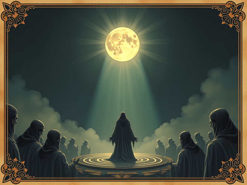  a lone protagonist standing on a cosmic stage, spotlighted by a beam of moonlight, shadowy audience of ethereal beings, cosmic backdrop, central role, dramatic, divine performance. an illustration in the style of a worn, mystical old tarot trump card, mysterious and elements of surrealism. the colors are muted, somber and eerie, but with contrast bring out an occult and esoteric vibe.