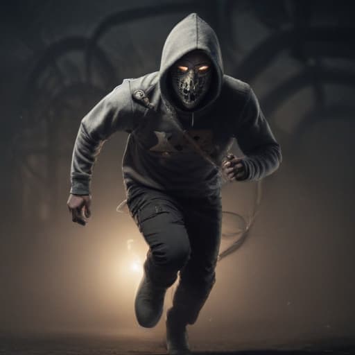 Lonely escaped prisoner wearing a gray hoodie and black pants. He is running in the dark but is super fast. He is being chased and is wearing a purge mask with “X” drawn glowing over his eyes on the mask. in Steampunk style