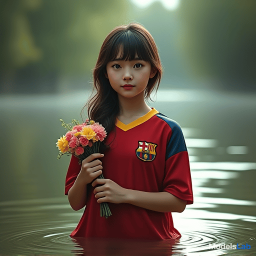  cute anime girl wearing barcelona jersey holding flowers in river hyperrealistic, full body, detailed clothing, highly detailed, cinematic lighting, stunningly beautiful, intricate, sharp focus, f/1. 8, 85mm, (centered image composition), (professionally color graded), ((bright soft diffused light)), volumetric fog, trending on instagram, trending on tumblr, HDR 4K, 8K