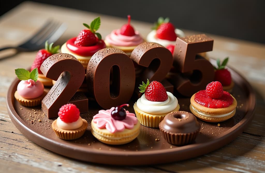  text "2025” formed from chocolate, with gourmet desserts and pastries surrounding it on a chic platter. {prompt}, maximum details