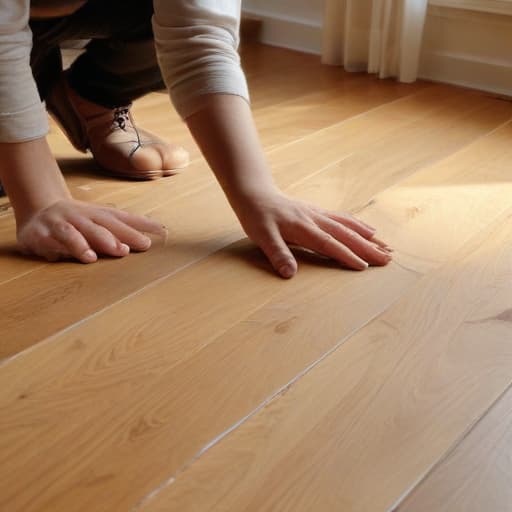 A photo of a skilled artisan meticulously laying down a luxurious wooden floor in a modern, spacious living room in the warm glow of early evening light.