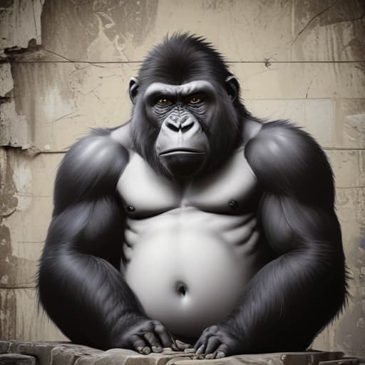 Drunky monkey ape white black gorilla in Cartoon style with Old Wall background