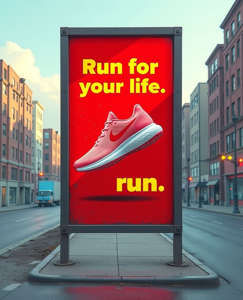  concept art a street advertising banner of sneakers with the slogan 'run for your life' against a backdrop of an urban wasteland, with the banner color changed to red and the slogan in prominent yellow font . digital artwork, illustrative, painterly, matte painting, highly detailed