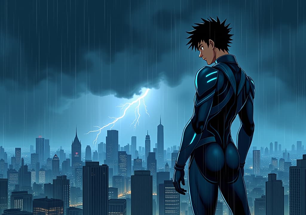  good quality, high quality, a wide manga style scene showing a stormy night over the bustling city of tokyo. dark clouds swirl violently in the sky, illuminated by flashes of lightning. in the foreground, pranav ajay, a young, athletic man, stands on the edge of a skyscraper rooftop, his expression hardened by determination. his sharp black hair is tousled by the fierce winds, and his futuristic suit, with sleek armor plates and glowing blue lines, reflects the dim city lights below. the rain drenches his figure, yet he stands firm, staring down at the glowing city. the atmosphere feels tense and foreboding, mirroring the turmoil inside him as thunder rumbles in the background. narration box in "on this stormy night, pranav ajay's destiny w