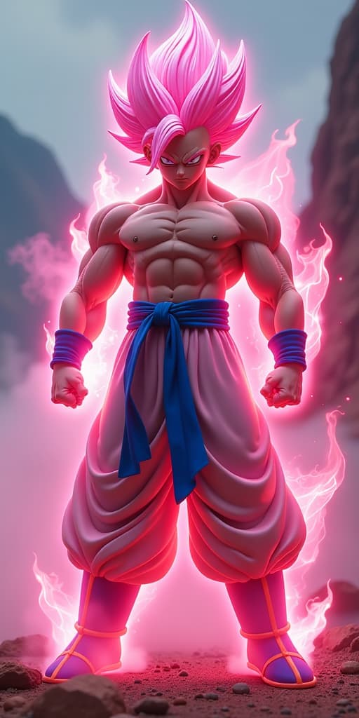  generate an art image. style animation. from dragon ball super series gogeta ssg light pink form hyperrealistic, full body, detailed clothing, highly detailed, cinematic lighting, stunningly beautiful, intricate, sharp focus, f/1. 8, 85mm, (centered image composition), (professionally color graded), ((bright soft diffused light)), volumetric fog, trending on instagram, trending on tumblr, HDR 4K, 8K