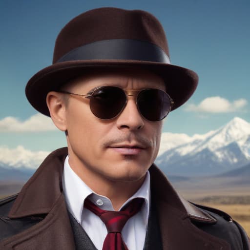 Reymond reddington with sunglasses in Steampunk style with Mountains background