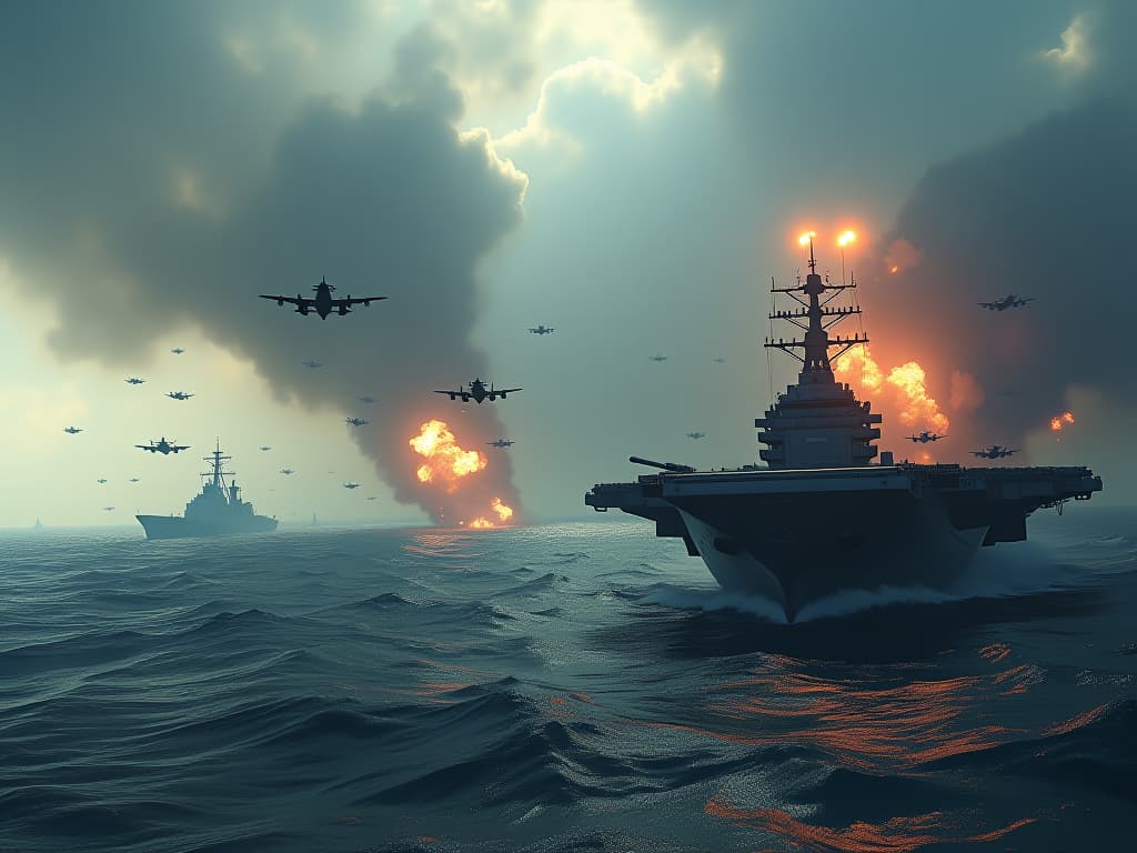  a dramatic scene depicting the battle of the philippine sea during world war ii, featuring the uss lexington and other american aircraft carriers engaged in naval combat against the imperial japanese fleet, led by the towering admiral shizaburo ozawa. the sky is filled with fighter planes, and the ocean is tumultuous with battleships, smoke, and fire, capturing the intensity and scale of the largest aircraft carrier battle in history. hyperrealistic, full body, detailed clothing, highly detailed, cinematic lighting, stunningly beautiful, intricate, sharp focus, f/1. 8, 85mm, (centered image composition), (professionally color graded), ((bright soft diffused light)), volumetric fog, trending on instagram, trending on tumblr, HDR 4K, 8K