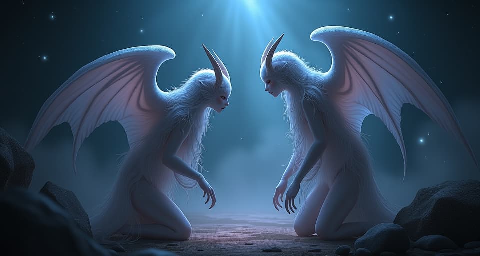  ethereal beings murmuring in dim light, their forms envious and heavy. mood: envious, heavy.. the style is digital art illustration,highly detailed, whimsical,magical, dreamlike atmosphere, realism and fantasy blend, smooth, glossy textures,luminous quality, wonder and enchantment.