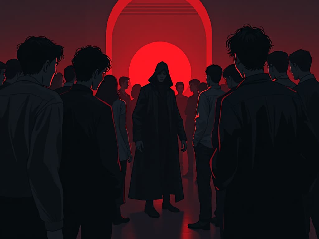  modern day social gathering, central character in shadowed corner, avoiding eye contact, uneasy expressions on surrounding people. the style is dark fantasy and mysterious occult, symbolic, moody lighting, esoteric vibe,high detail on character design. for the color scheme emphasize blacks and reds.