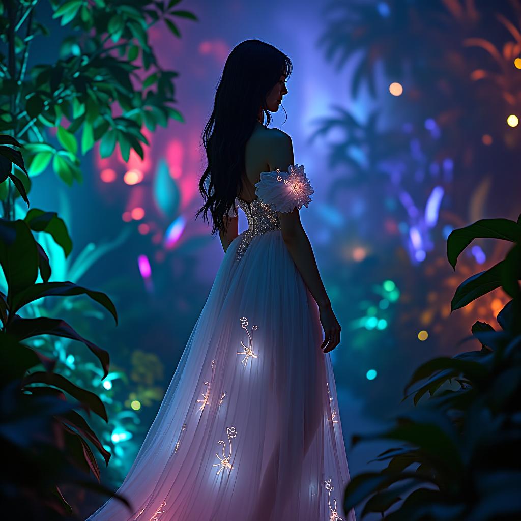  eautiful european woman dressed in an ethereal, flowing gown with bioluminescent accents stands in a lush, otherworldly garden. the scene is softly illuminated by glowing plants and featuring a symphony of colors. shot with a nikon d850 and a 70 200mm f/2.8 lens. add a small written text 'astravision.ai' at the bottom right corner. hyperrealistic, full body, detailed clothing, highly detailed, cinematic lighting, stunningly beautiful, intricate, sharp focus, f/1. 8, 85mm, (centered image composition), (professionally color graded), ((bright soft diffused light)), volumetric fog, trending on instagram, trending on tumblr, HDR 4K, 8K