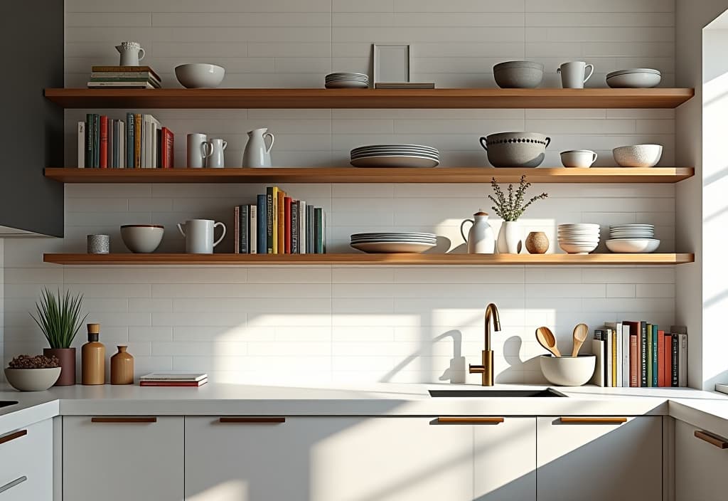  a landscape photo of a modern kitchen with sleek floating wooden shelves against a white subway tile backsplash, displaying colorful cookbooks and artisanal pottery, shot from a low angle hyperrealistic, full body, detailed clothing, highly detailed, cinematic lighting, stunningly beautiful, intricate, sharp focus, f/1. 8, 85mm, (centered image composition), (professionally color graded), ((bright soft diffused light)), volumetric fog, trending on instagram, trending on tumblr, HDR 4K, 8K