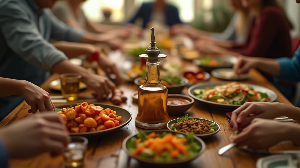  a dynamic, photorealistic stock image capturing a family dinner scene. the central focus is a large, wooden dining table adorned with a feast of various salads. in the middle of the table, a prominent, antique glass oil dispenser filled with rich, amber colored salad oil. around it, multiple hands of a diverse family are seen serving themselves, adding a human touch and sense of togetherness. the background is a cozy, well lit dining room, creating an inviting and warm atmosphere, perfectly suited ar 16:9 {prompt}, maximum details