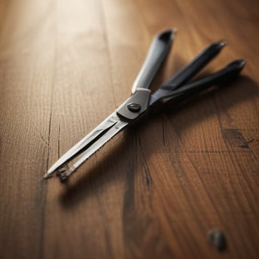 An image of scissors cutting a lock of hair over a wooden floor, with hair clippings around, bright light, detailed, realistic