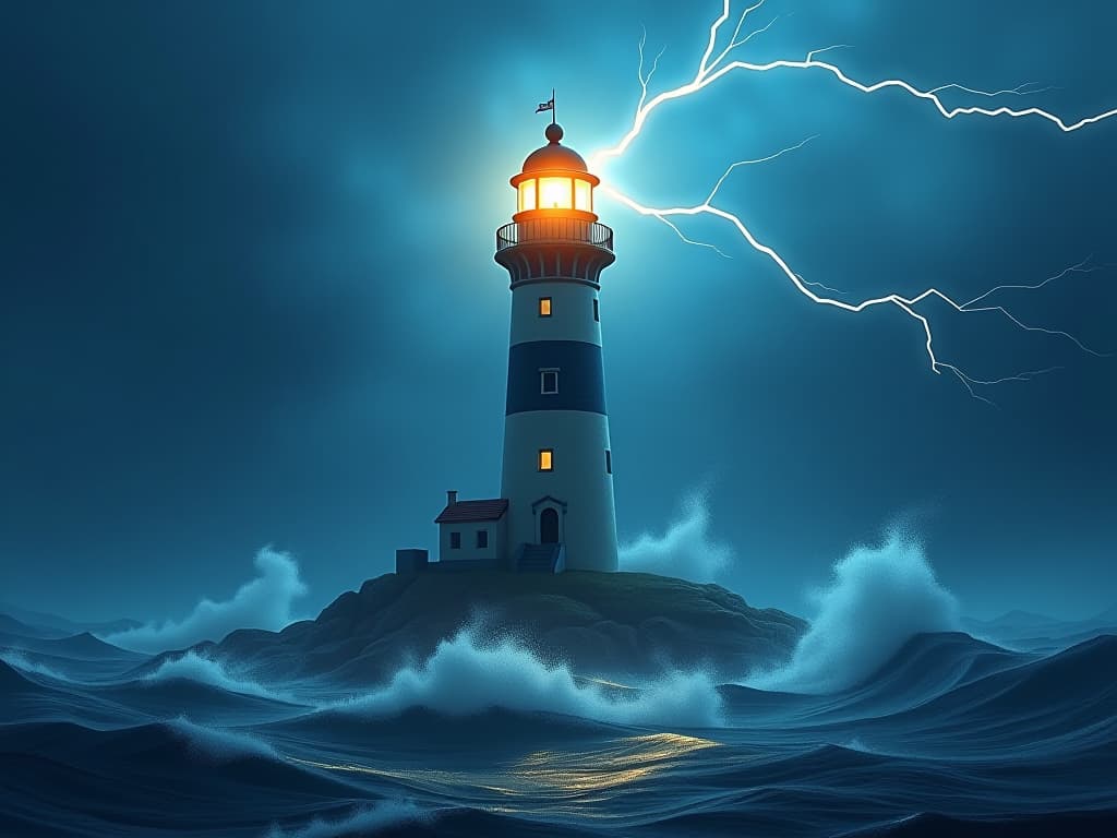  a majestic lighthouse standing strong amidst a stormy sea illuminated by lightning. steadfast, strong, reliable.. the style is digital art illustration,highly detailed, whimsical,magical, dreamlike atmosphere, realism and fantasy blend, smooth, glossy textures,luminous quality, wonder and enchantment.