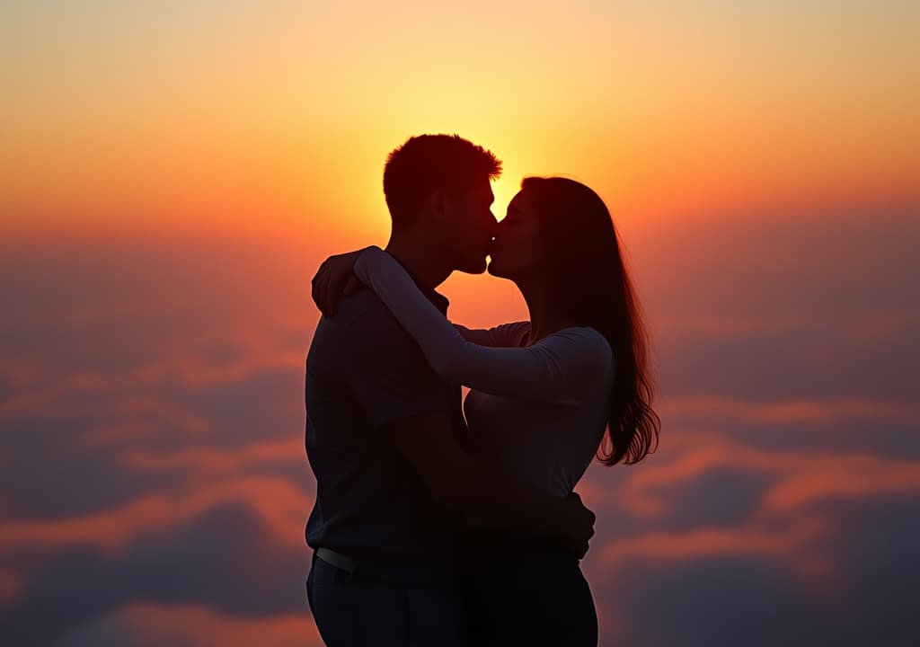  beautiful young couple in love kissing and hugging on a background of clouds