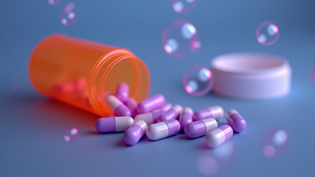  purple and white pill capsules from an open pill bottle, with soft blue and pink bubbles in the air