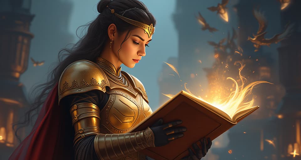  a resolute warrior queen in bright, intricate armor, studying a glowing map, illuminated by divine light, symbolizing deliberate purpose.. the style is digital art illustration,highly detailed, whimsical,magical, dreamlike atmosphere, realism and fantasy blend, smooth, glossy textures,luminous quality, wonder and enchantment.