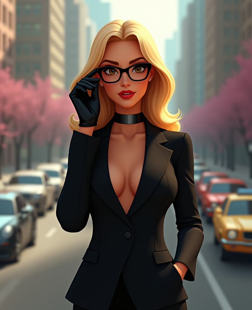  in the style of bruce timm animated scene, a beautiful blonde woman in a black trouser suit, blonde hair, in black gloves and black glasses, in full growth, against the backdrop of a spring city, with many moving cars hyperrealistic, full body, detailed clothing, highly detailed, cinematic lighting, stunningly beautiful, intricate, sharp focus, f/1. 8, 85mm, (centered image composition), (professionally color graded), ((bright soft diffused light)), volumetric fog, trending on instagram, trending on tumblr, HDR 4K, 8K