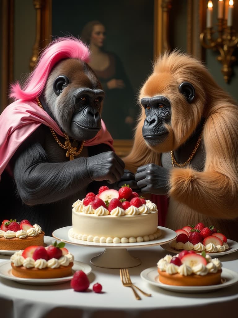  masterpiece,3gorilla🦍 having a dessert buffet,gorilla🦍 in cape,gorillas fighting for cake🦍🦍,a gorilla in a pink twintail wig and a gorilla in a blond drill hair wig,lots of cakes🍰,tarts,ice cream,lots of fruit,🍎🍑🍊🍓🍒🍇,tables,palace of versailles,amazing people,high quality,16k