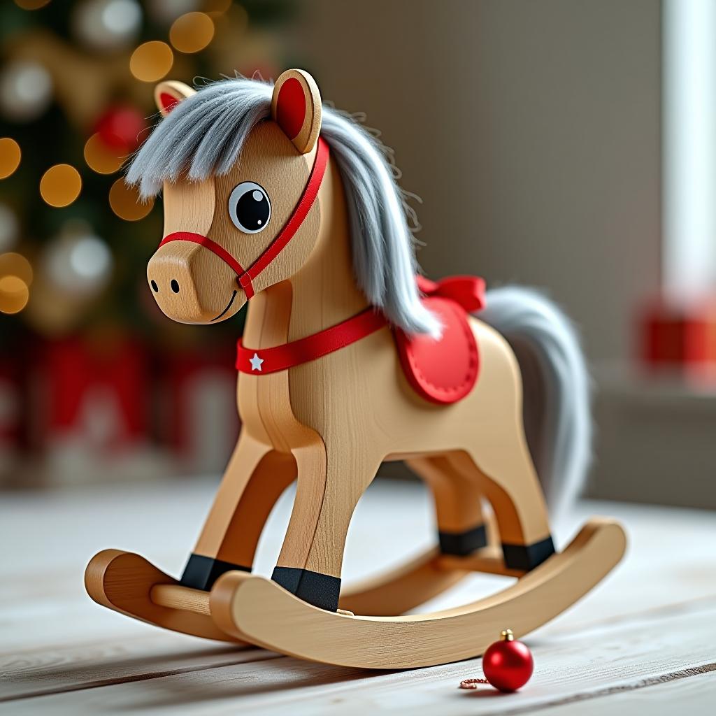  3d wooden cute rocking horse seen from the side, featuring large round reflective eyes, long gray fur, and christmas elements.