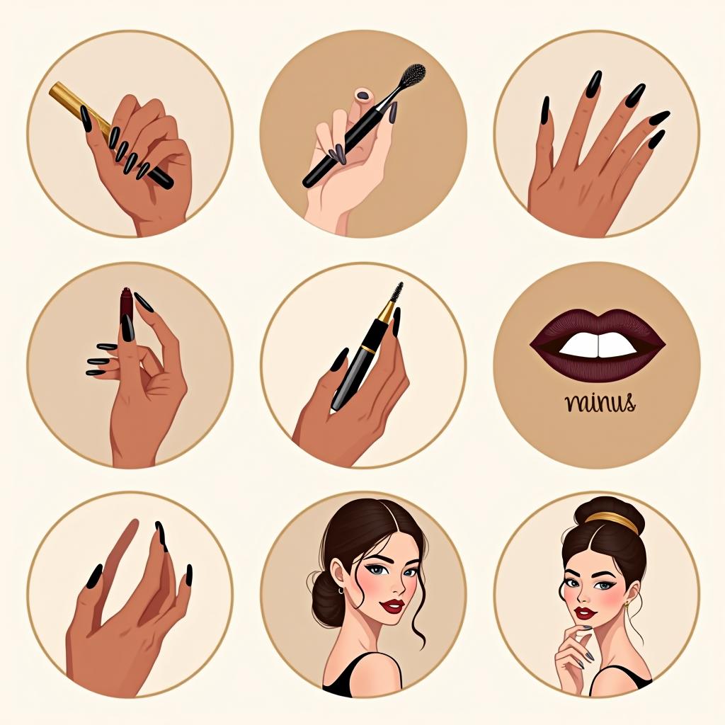  design a set of instagram highlight icons for a beauty shop, focusing on nails, makeup, hair, and face beauty. the color palette should consist of beige and browns, with gold details. the icons should have an elegant, luxurious feel, representing each service clearly, with gold accents adding a touch of glamour to the neutral background tones. without faces only elements , (logo:1.15), hq, hightly detailed, 4k