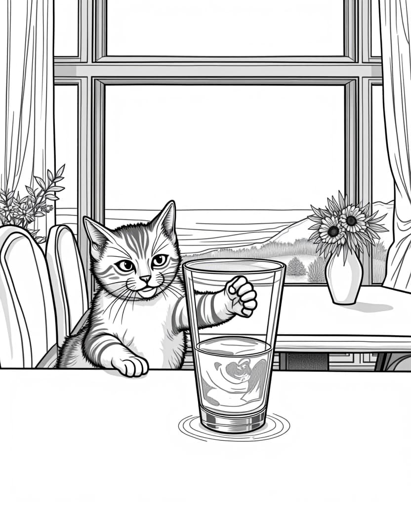  centered black and white high contrast line drawing, coloring book style,coloring book page a cat confidently knocking over a glass of water from a table while making direct eye contact with the viewer, as if daring anyone to stop it. the table is in a modern dining room with sleek furniture, a vase of flowers, and a large window showing a beautiful view outside., monochrome, blank white background