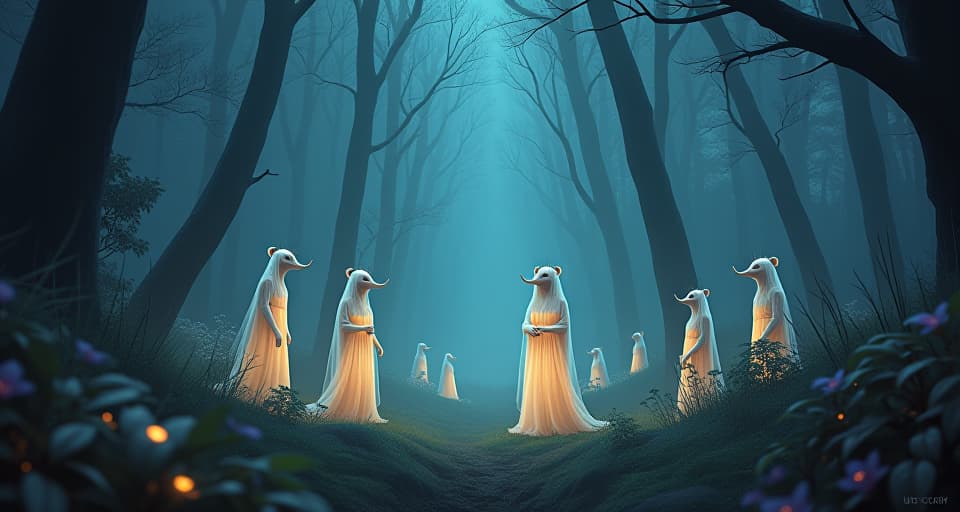  a mystical scene of luminescent illusions beginning to fade in an enchanted forest. ethereal beings struggling to maintain their disguises, fading light, surreal atmosphere.. the style is digital art illustration,highly detailed, whimsical,magical, dreamlike atmosphere, realism and fantasy blend, smooth, glossy textures,luminous quality, wonder and enchantment.