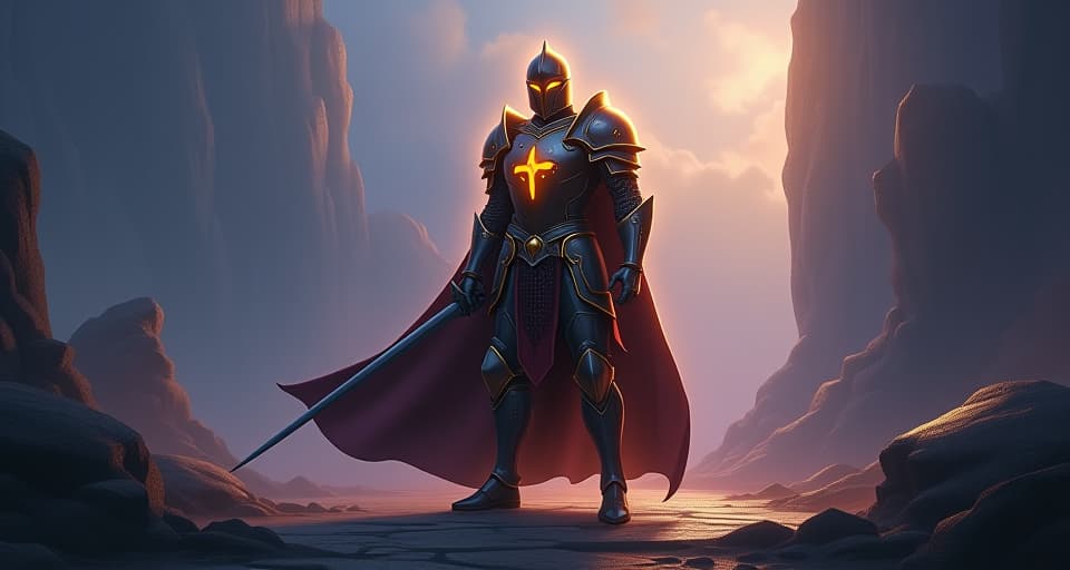  a majestic knight in glowing, impenetrable armor, standing tall with unwavering resolve, amidst a mystical landscape where boundaries are inviolable.. the style is digital art illustration,highly detailed, whimsical,magical, dreamlike atmosphere, realism and fantasy blend, smooth, glossy textures,luminous quality, wonder and enchantment.